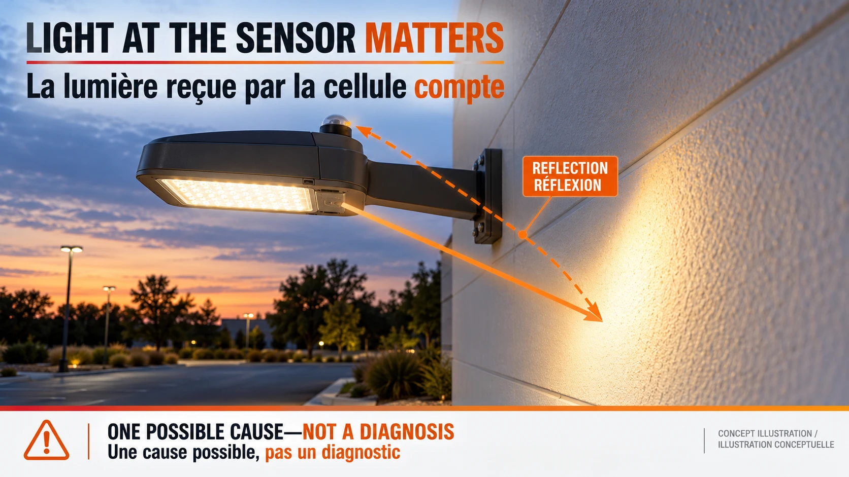 Conceptual lamp-light reflection reaching a photocell sensor as one possible cause of switching cycles