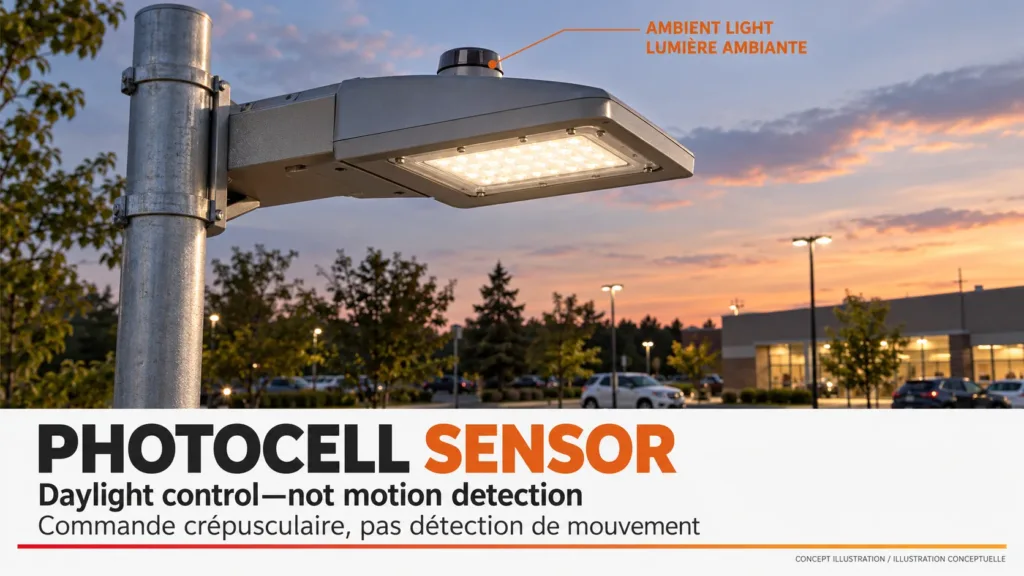 Conceptual photocell sensor on an outdoor LED street light responding to ambient daylight