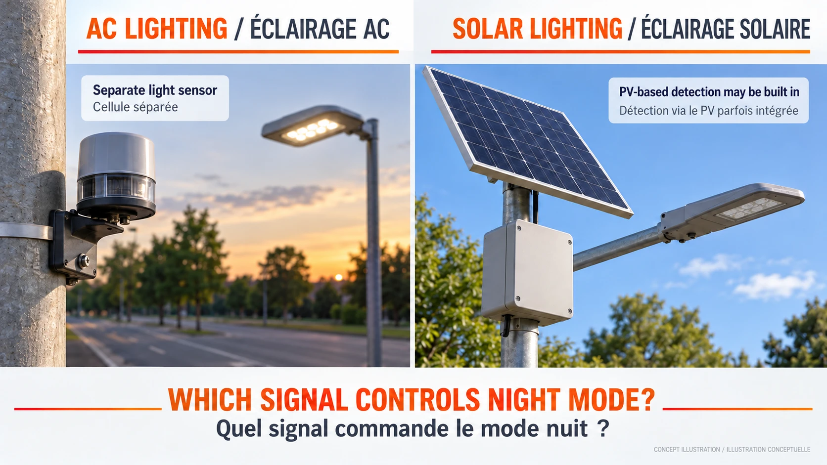Conceptual distinction between an AC lighting photocontrol and PV-based daylight detection in a solar controller