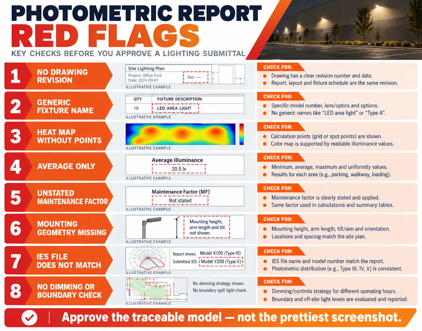 Photometric plan red flags including missing file identity, grid results and maintenance assumptions
