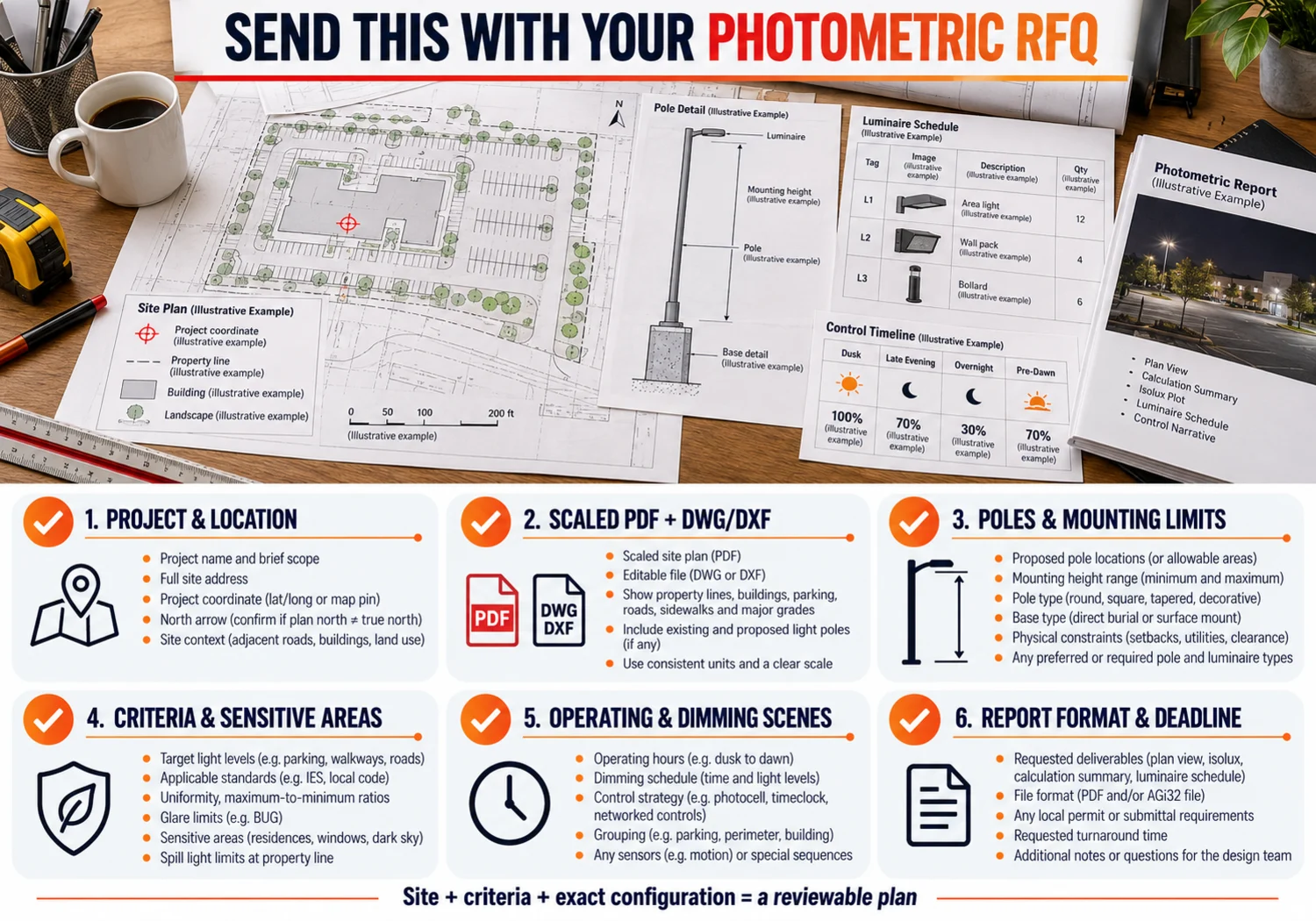 Photometric plan RFQ checklist for site drawings, criteria, poles, controls and report requirements