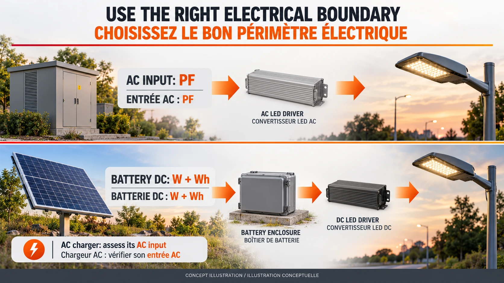 Conceptual boundary between AC input power factor and battery DC energy checks in solar street lighting