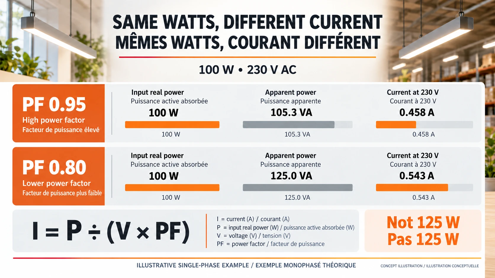 Illustrative 100 W comparison at 230 V AC with power factor 0.95 and 0.80 showing different VA and current