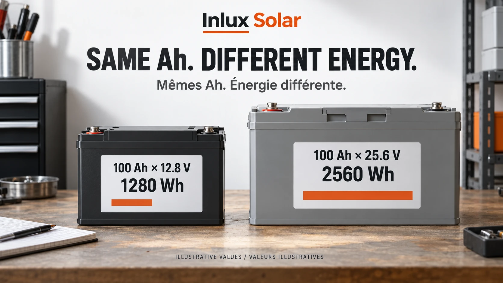 Two conceptual 100 Ah batteries show 1280 Wh at 12.8 V and 2560 Wh at 25.6 V