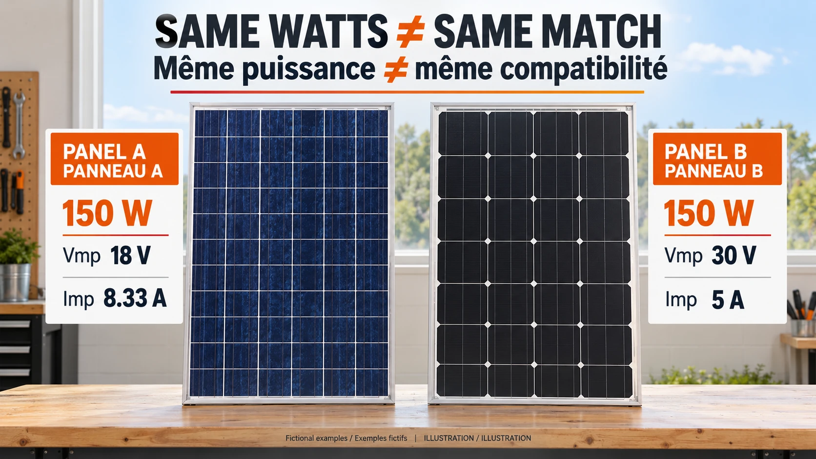 Two fictional 150 W solar panels with 18 V at 8.33 A versus 30 V at 5 A maximum-power ratings