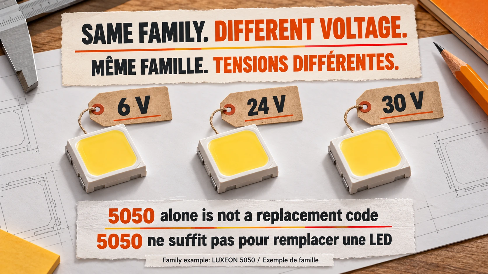 Concept comparison showing that a 5050 package family can include 6 V, 24 V and 30 V variants