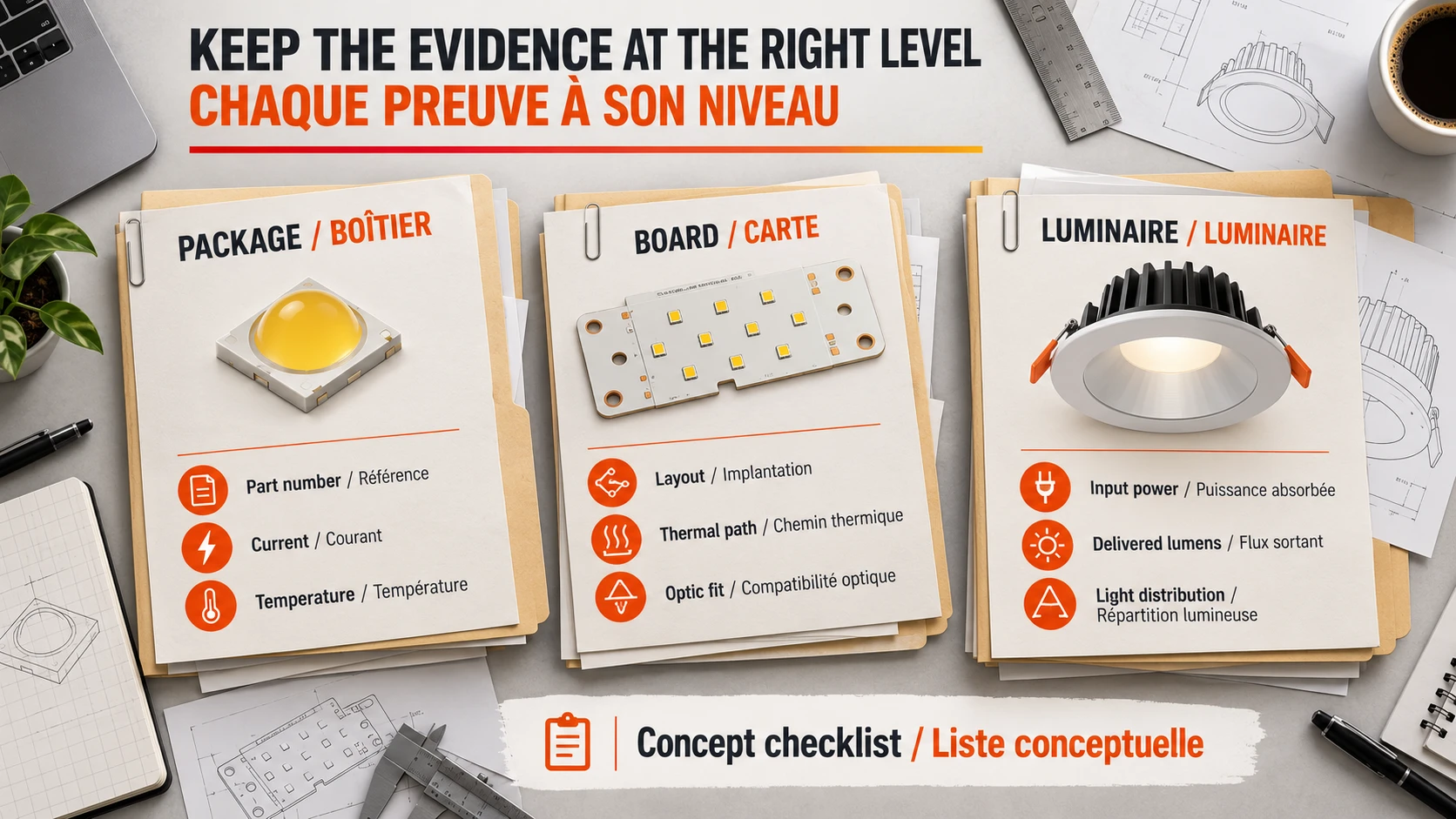 Three evidence envelopes separating SMD LED package data, assembled board data and complete luminaire test conditions