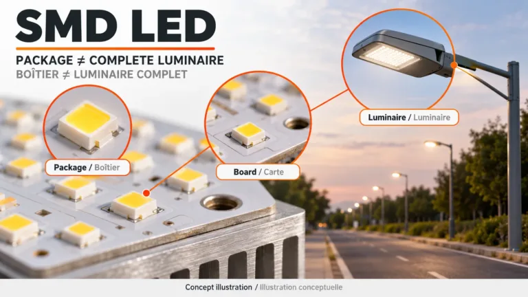 SMD LED package, assembled board and complete street light shown as different specification levels