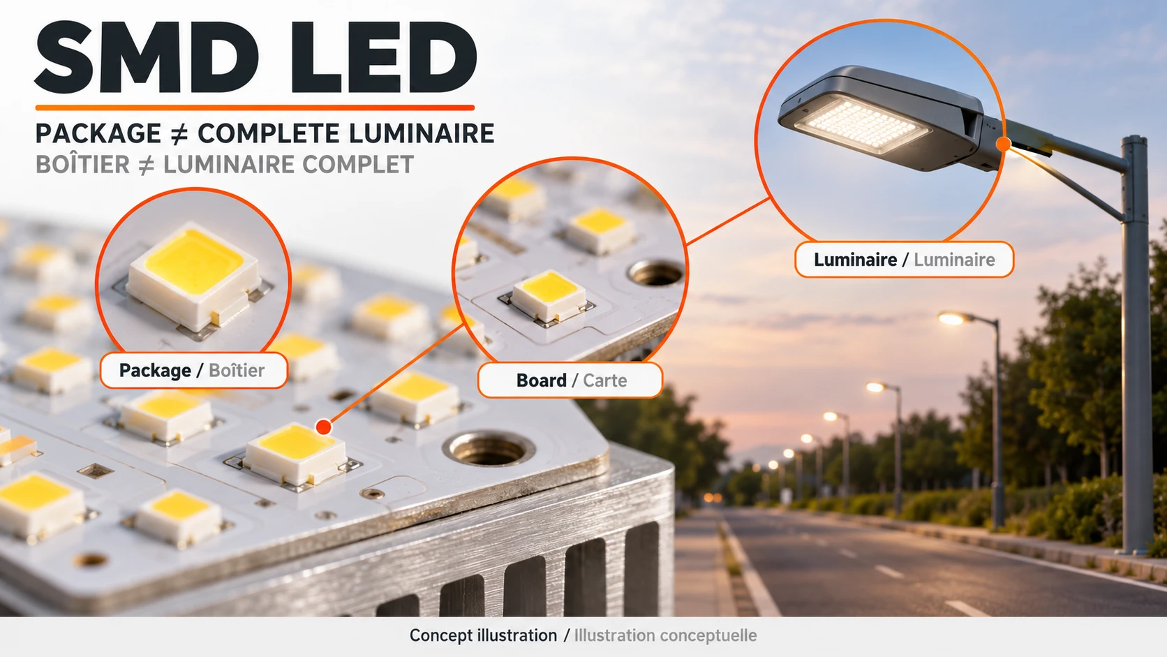 SMD LED package, assembled board and complete street light shown as different specification levels