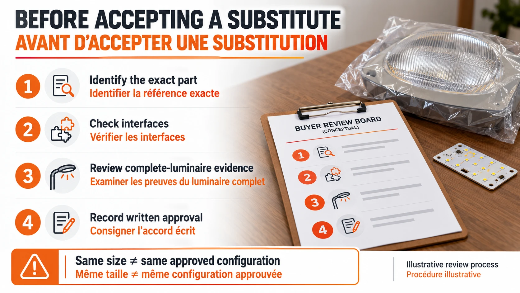 SMD LED substitution review checklist for part identity, interfaces, complete luminaire evidence and written approval