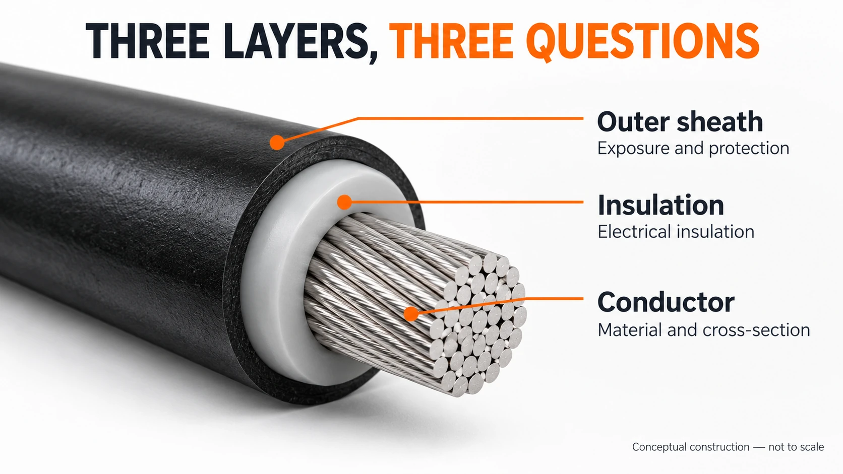 Conceptual solar cable layers showing conductor, insulation and outer sheath separately