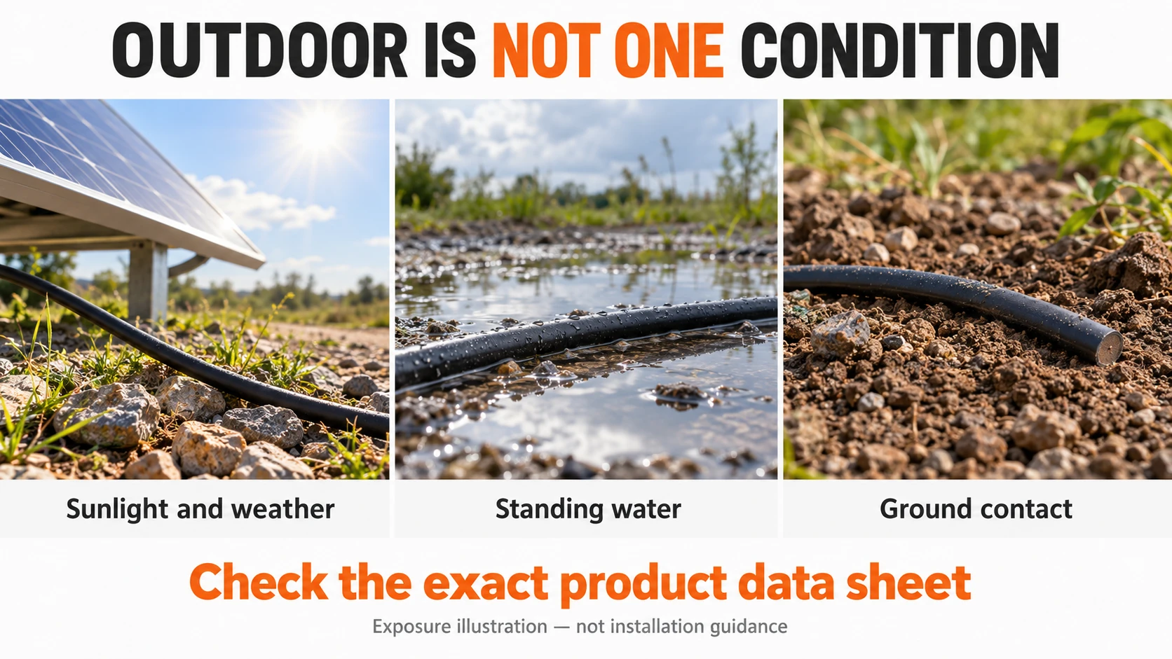 Three separate environmental checks for solar cable: sunlight, standing water and ground contact