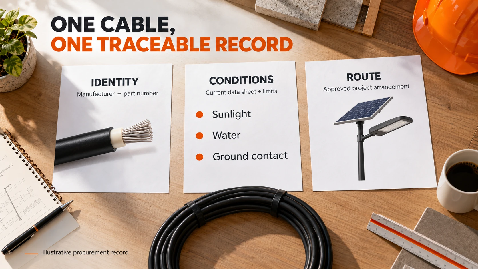 Procurement comparison linking a cable part number to its data sheet and approved route