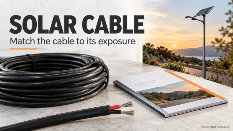 Solar cable samples beside an illustrated solar street light and procurement documents
