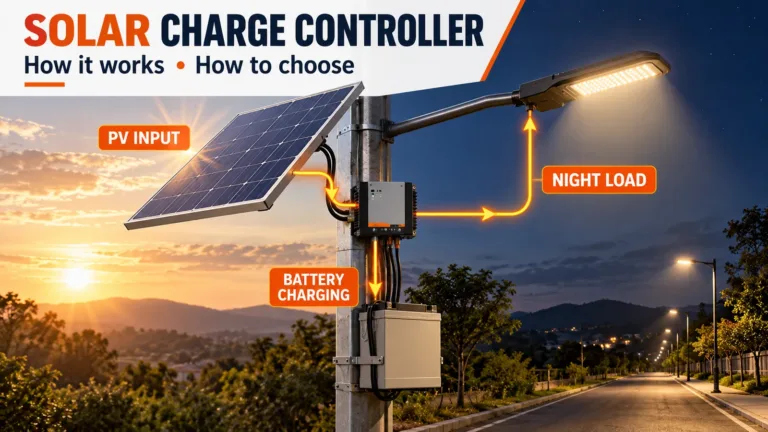 Solar charge controller regulating power between a PV panel, battery and street light