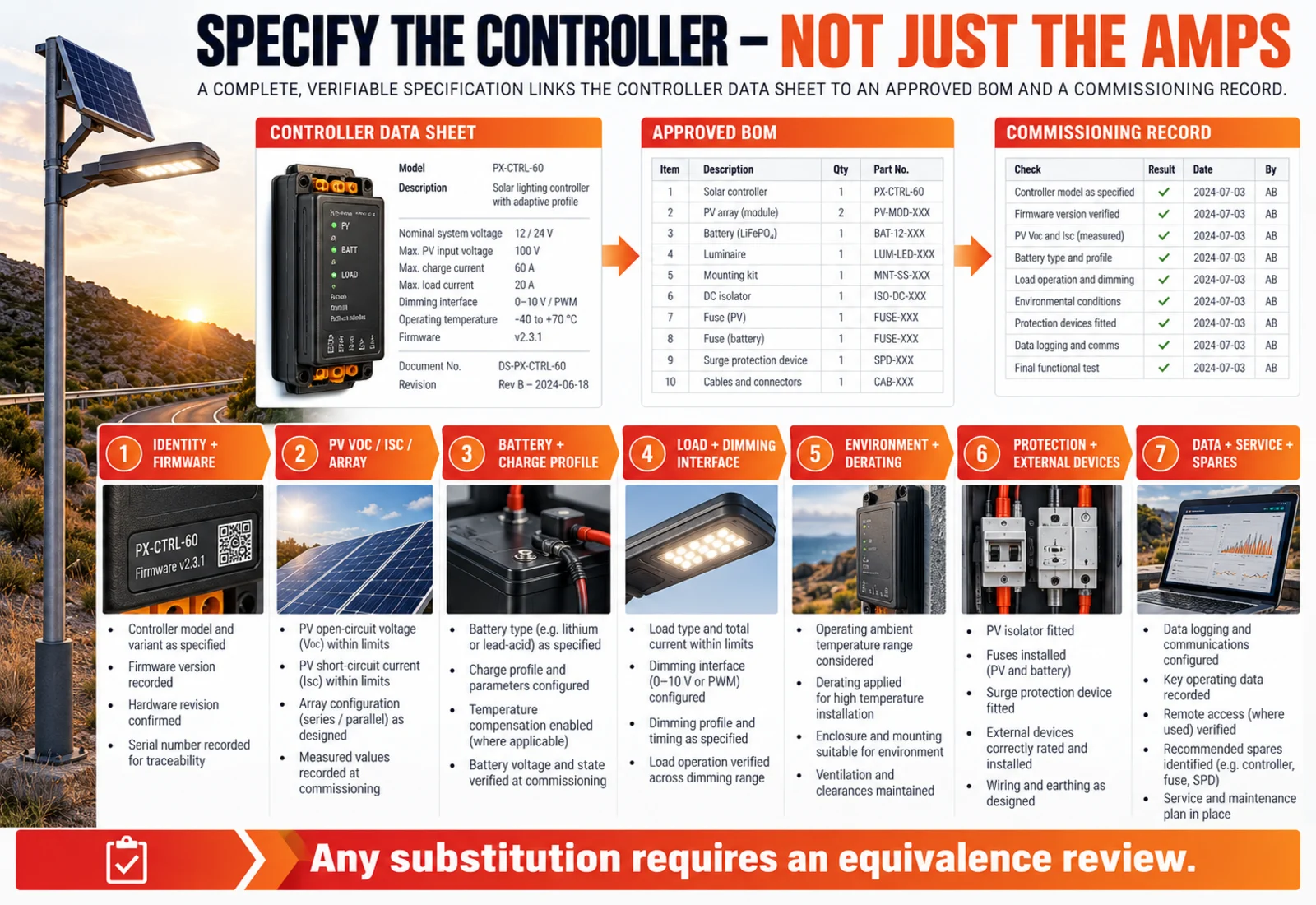 Solar charge controller procurement data sheet covering PV, battery, load, protection and service