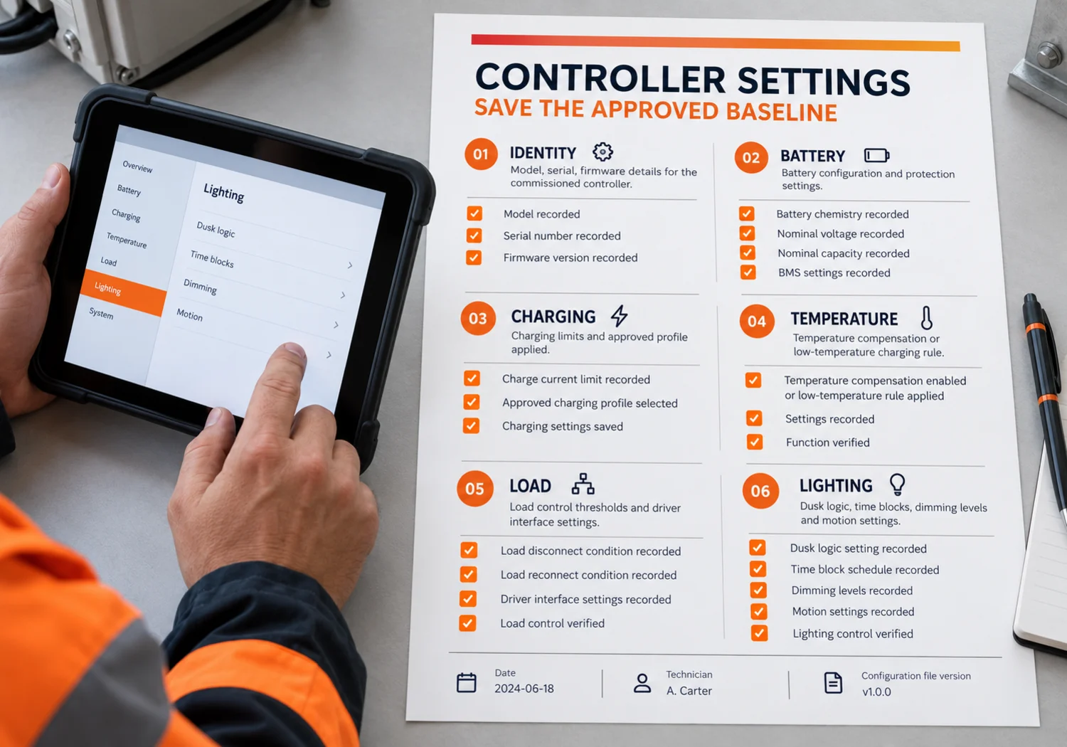 Solar charge controller commissioning record for battery profile, limits and lighting schedule