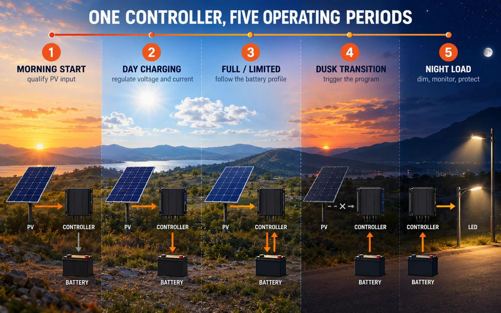 Solar charge controller day-to-night operating cycle from charging to lighting load