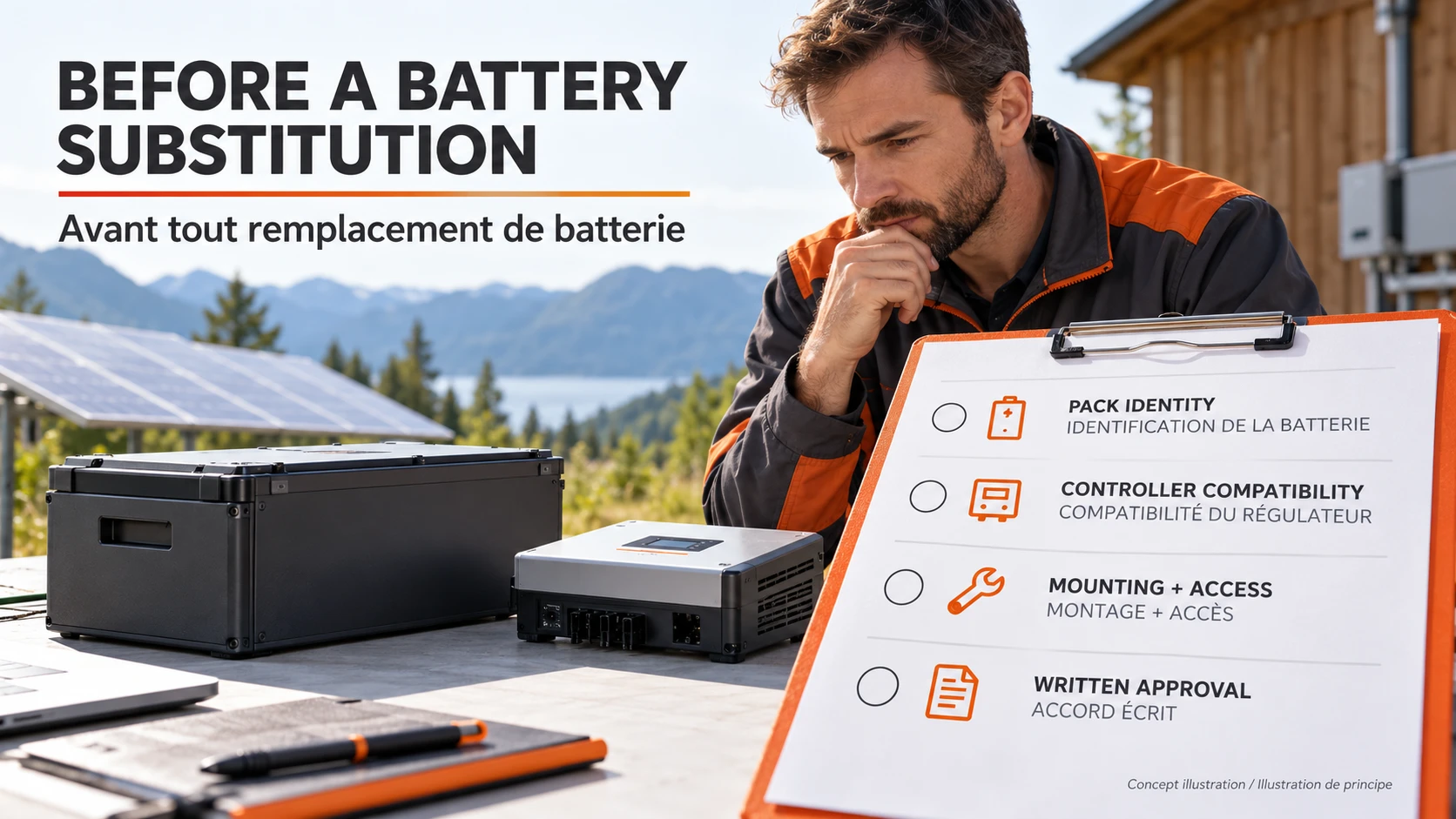 Solar-light battery replacement review checking pack identity, controller, mounting and approval
