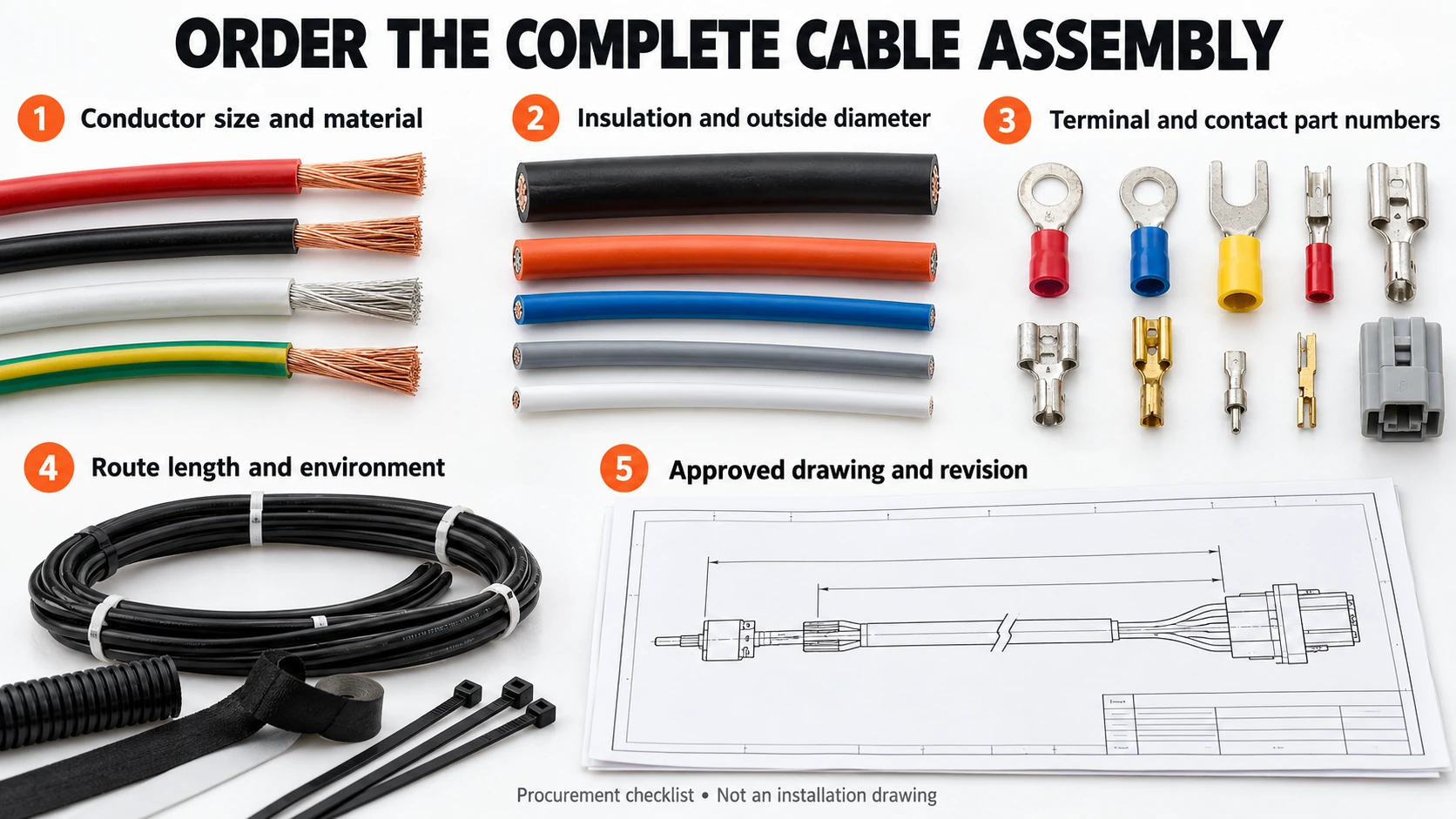 Cable procurement record covering conductor, insulation, terminals, route and approved configuration