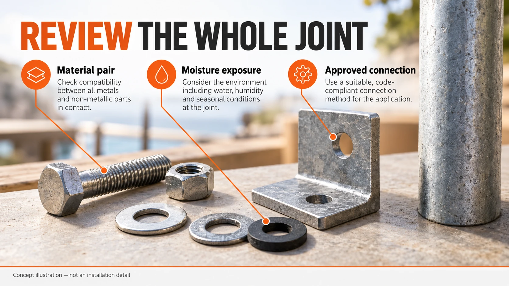 Mixed-metal connection review showing fastener, bracket and pole as one assembly