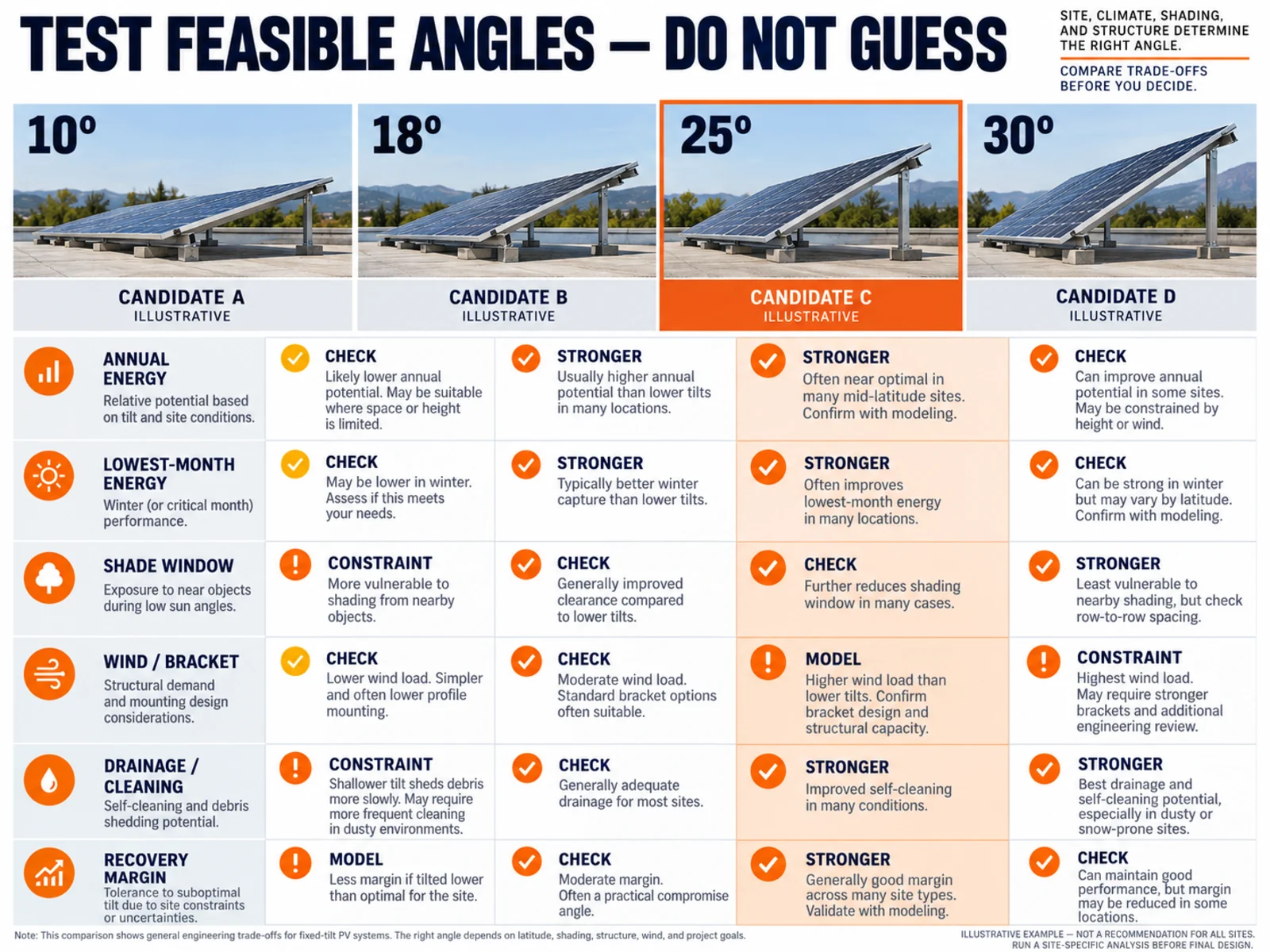Solar panel angle candidate comparison by monthly energy, shade, wind and maintenance constraints