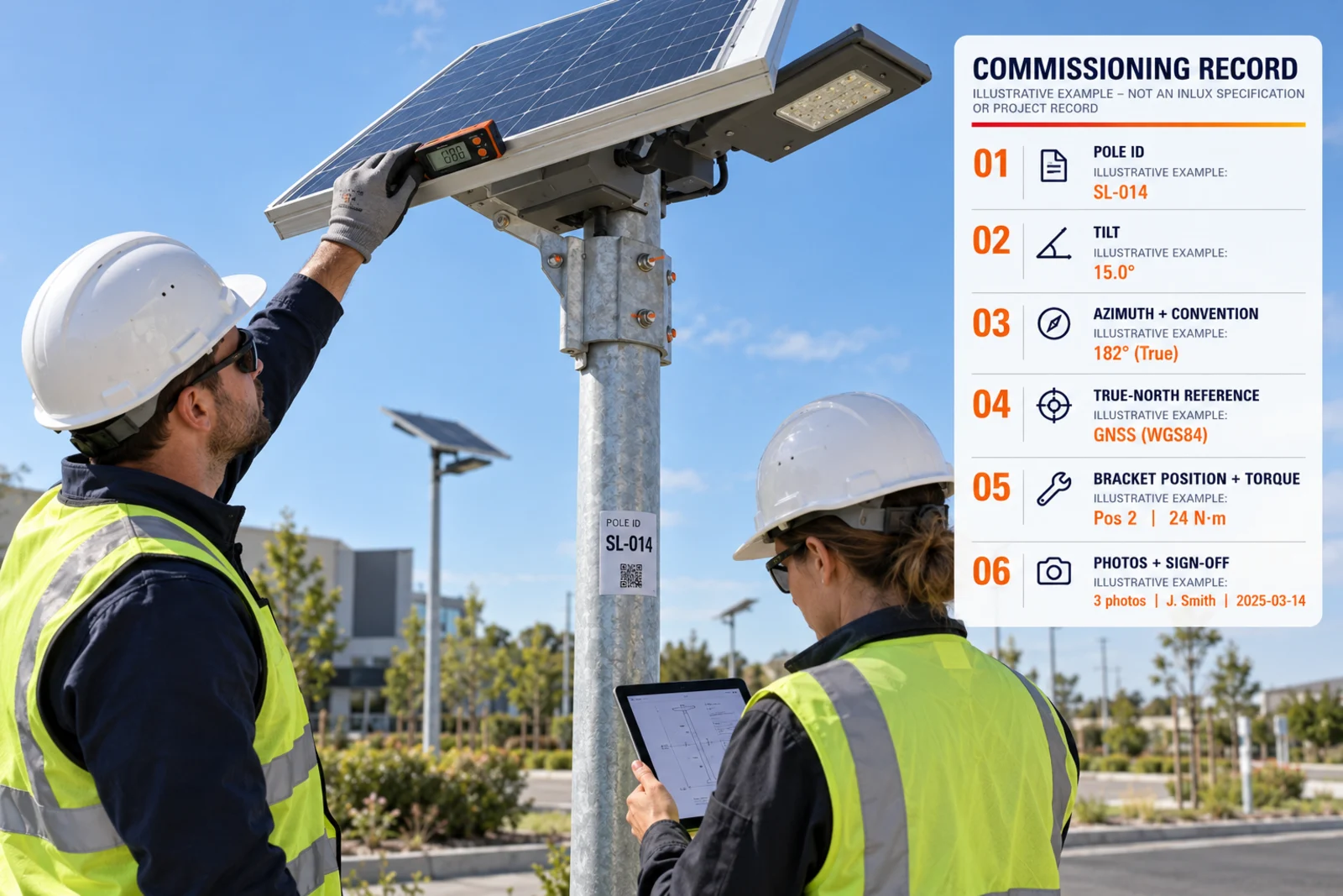 Solar panel angle field commissioning with inclinometer, true direction and pole ID records