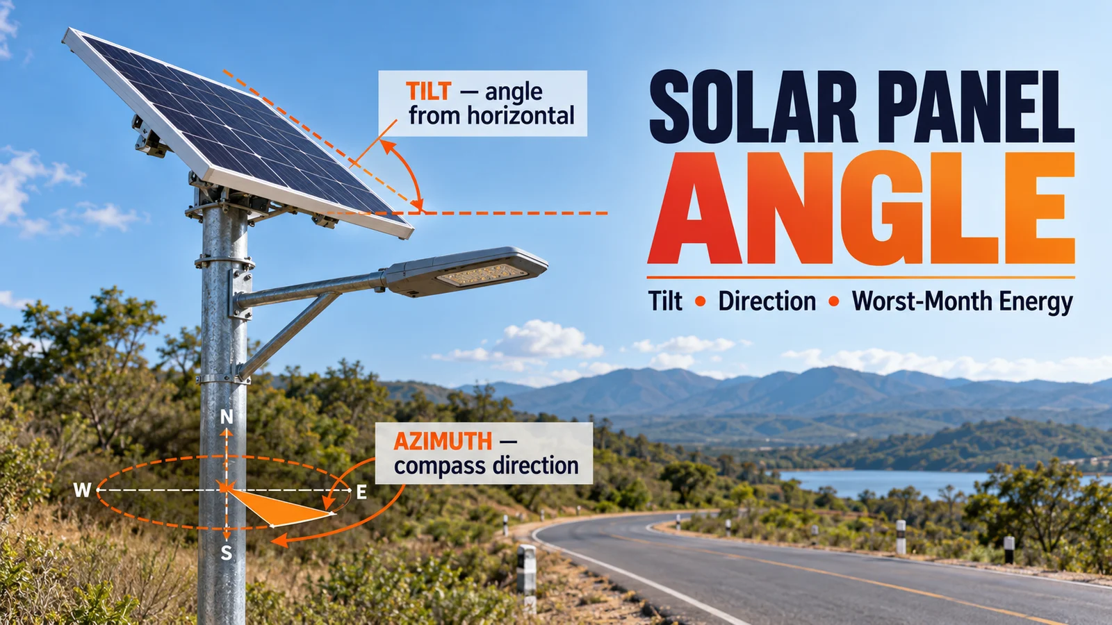 Solar panel angle showing tilt and direction on a solar street light