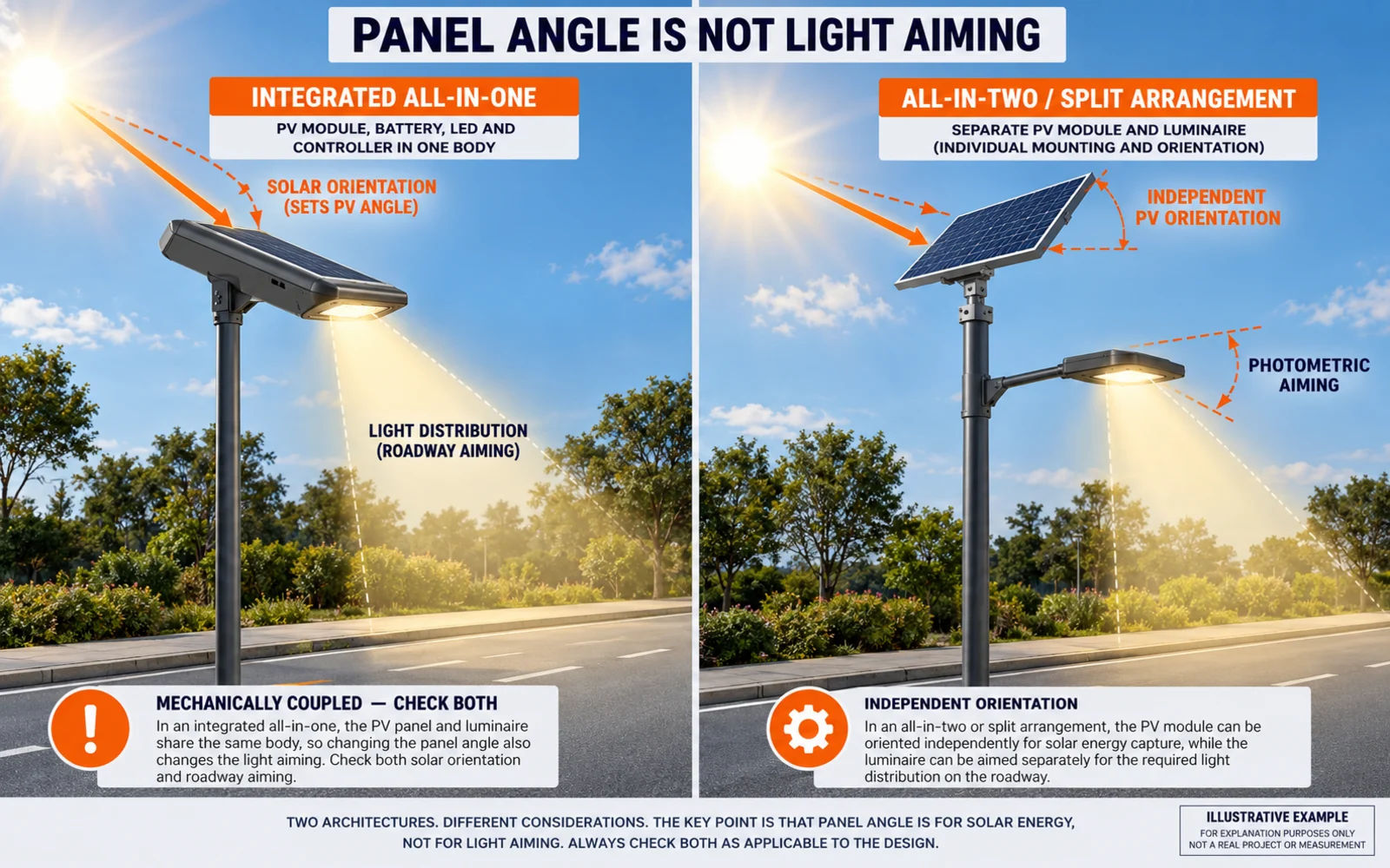 Solar panel angle versus luminaire aiming on integrated and separated solar street lights