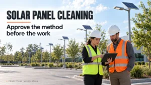 Solar panel cleaning planning for pole-mounted lights beside a commercial parking area
