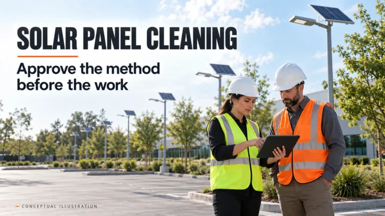 Solar panel cleaning planning for pole-mounted lights beside a commercial parking area