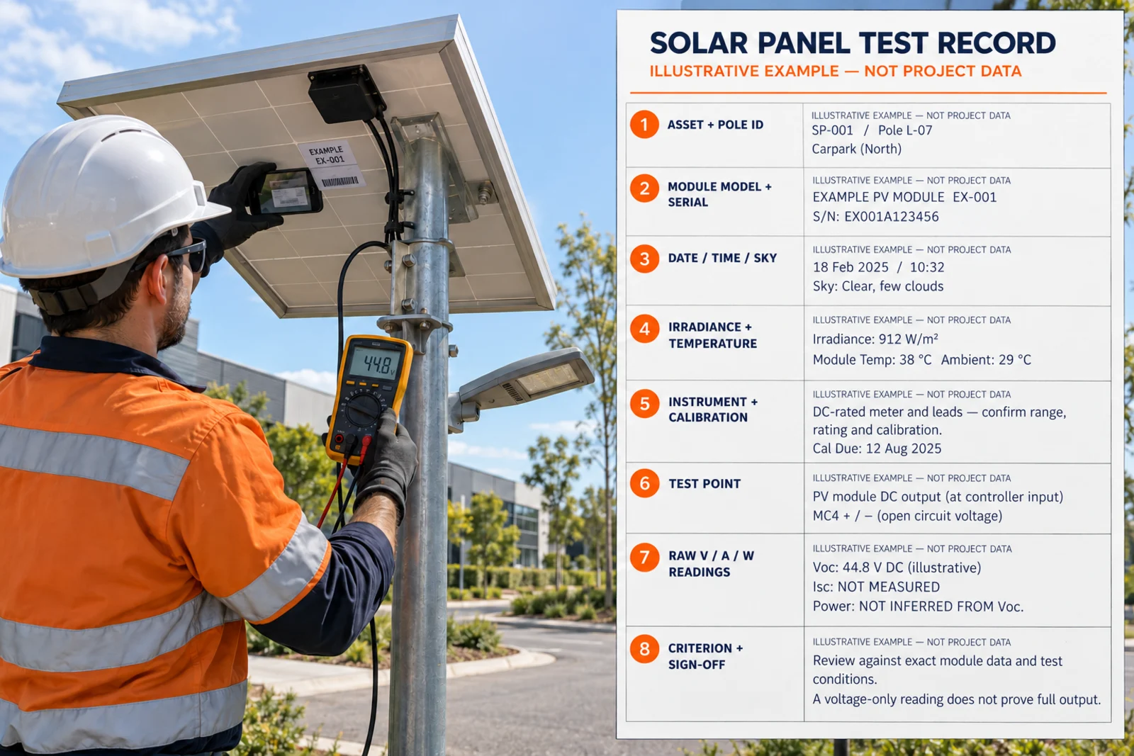 Solar panel field test record with module conditions instrument and acceptance evidence
