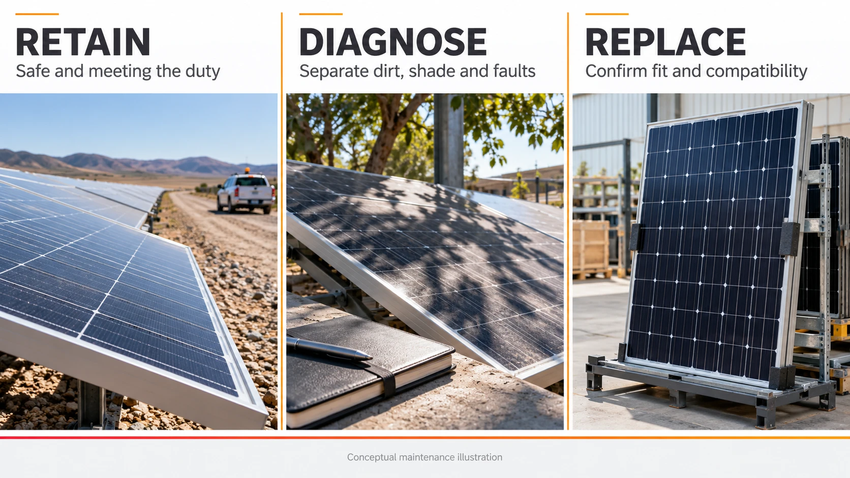 Condition-based choices to retain, diagnose or replace a solar lighting PV module