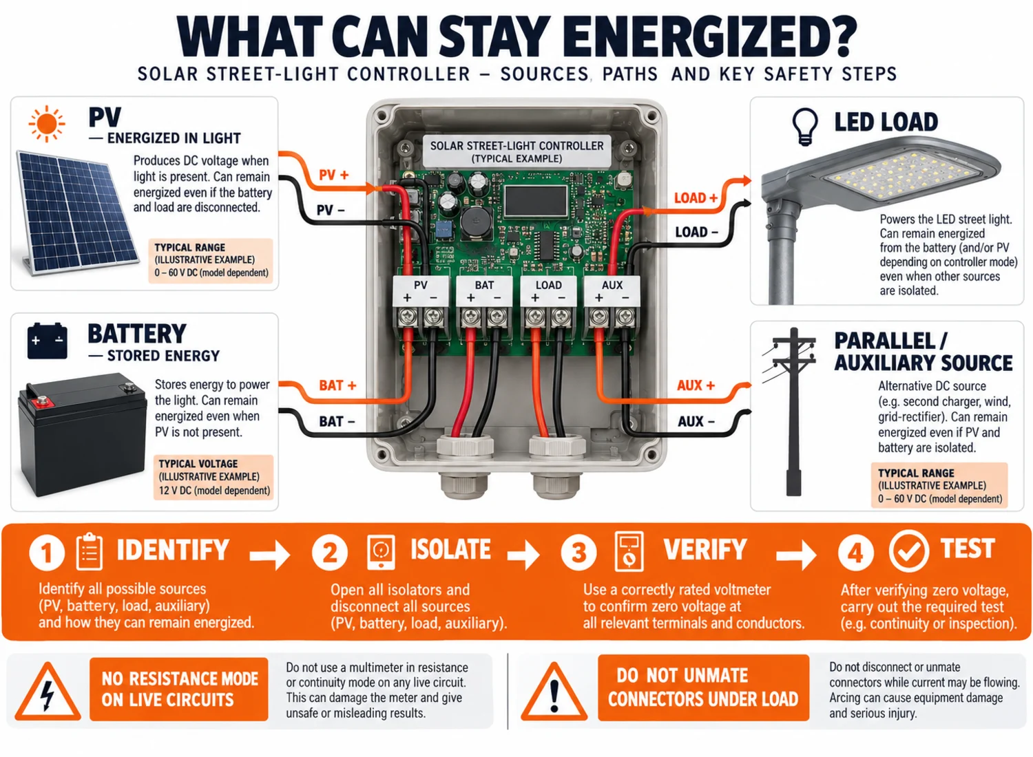 Solar panel testing safety map for PV battery controller and load energy sources