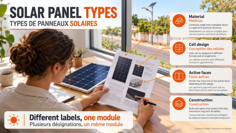 Types de panneaux solaires distingués par matériau, cellule, faces actives et construction