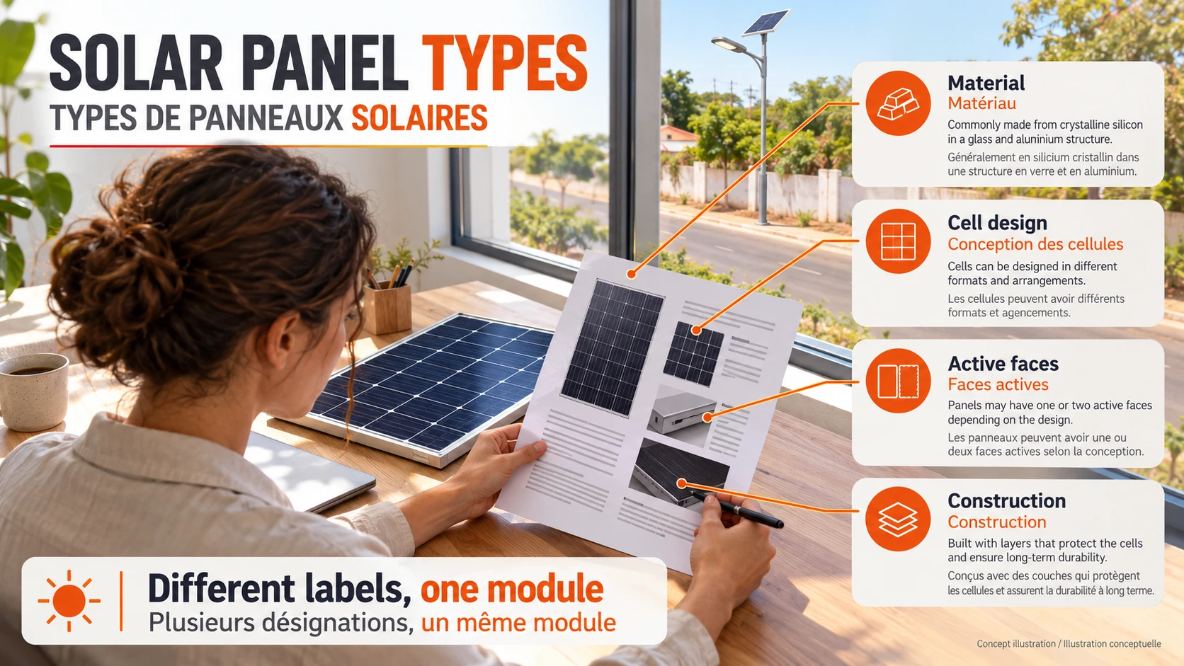 Types de panneaux solaires distingués par matériau, cellule, faces actives et construction