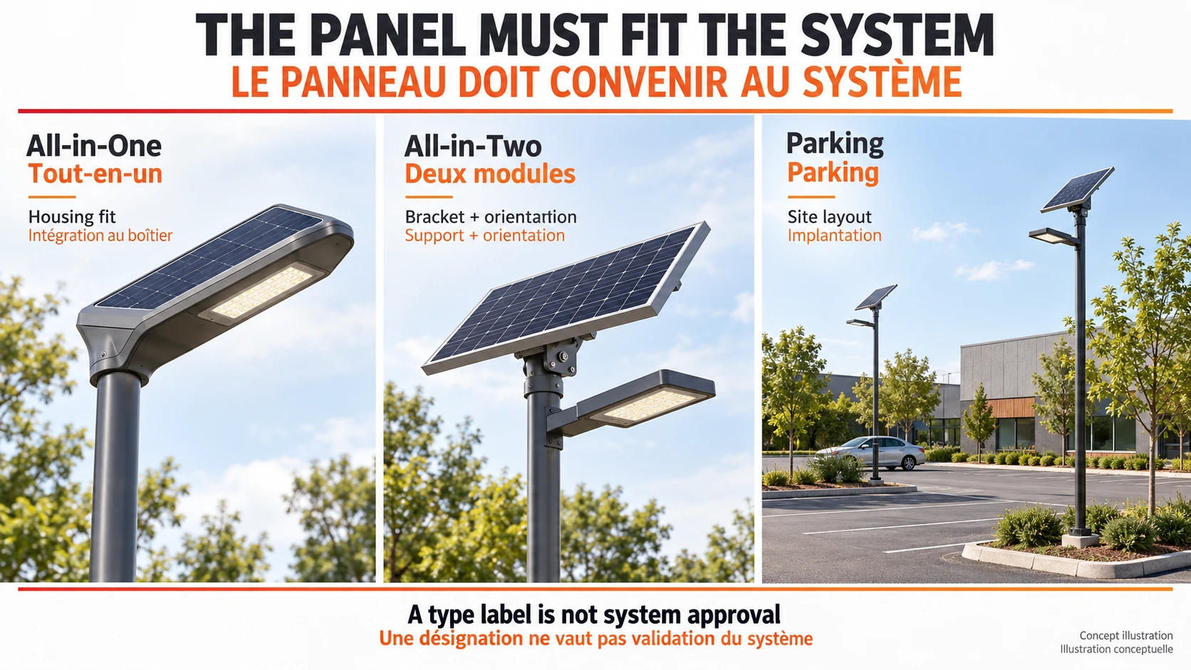 Choix du module PV vérifié selon le boîtier intégré, le support séparé et l’implantation du parking