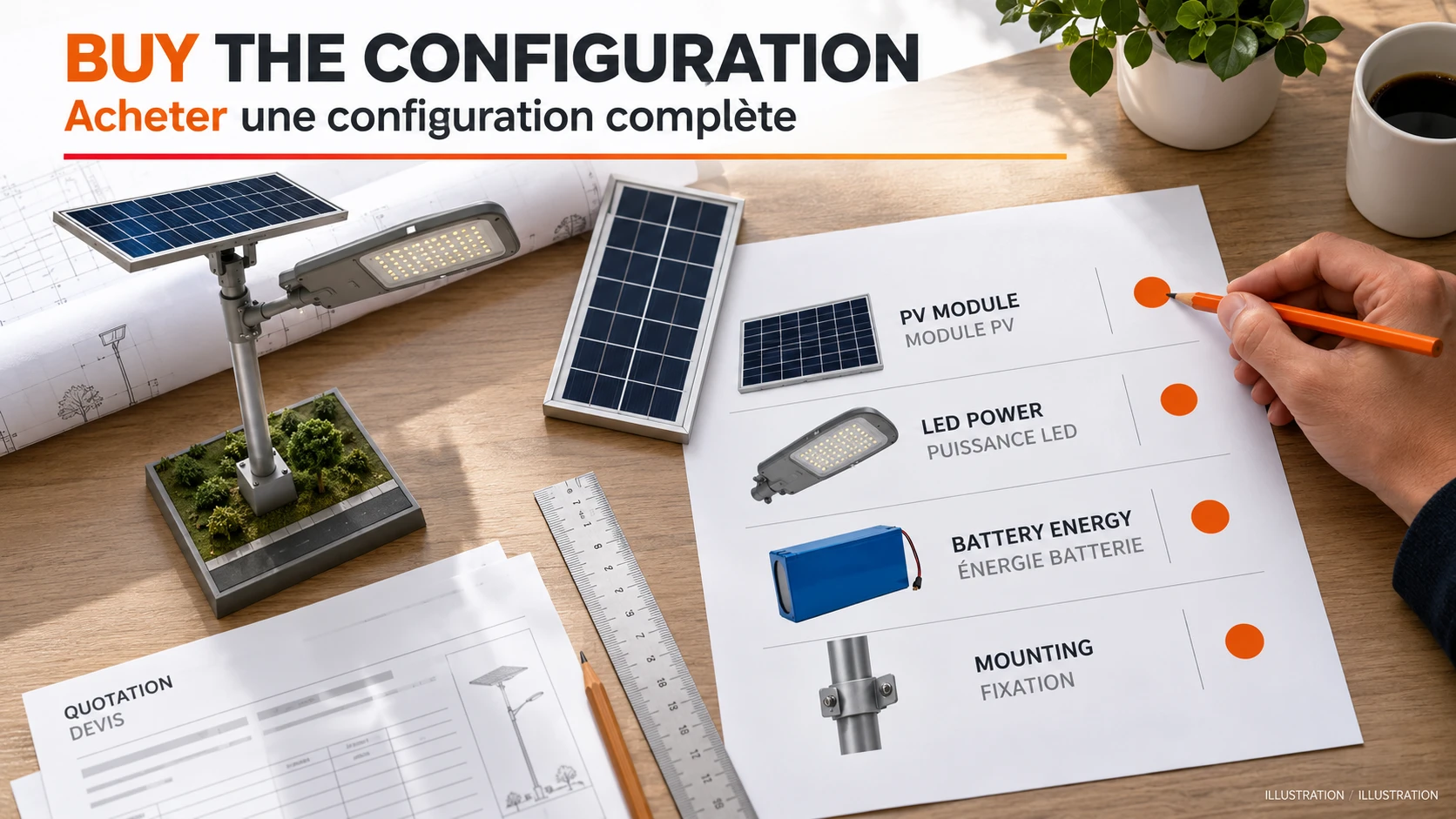 Illustrative solar street light quotation review separating PV module, LED power, battery energy and mounting