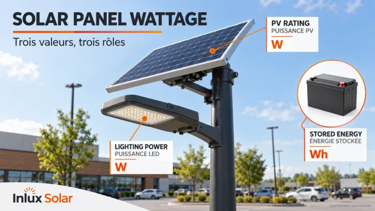 Solar panel wattage distinguished from LED power and stored energy on an illustrative street light