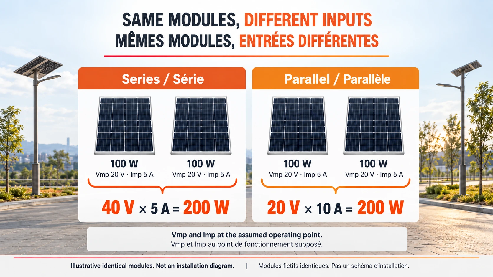 Two illustrative 100 W panels compared as 40 V 5 A in series or 20 V 10 A in parallel