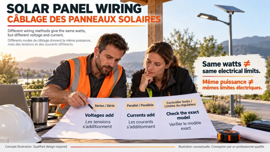 Solar panel wiring reviewed against series, parallel and controller limits for solar lighting