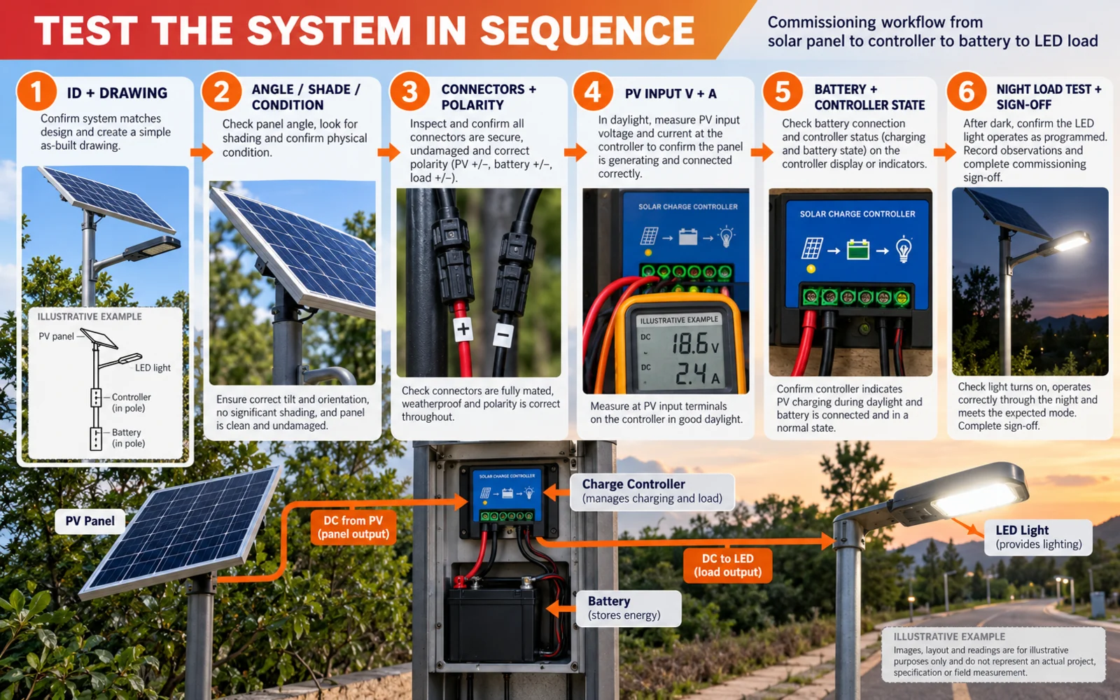 Solar street light panel testing and commissioning sequence