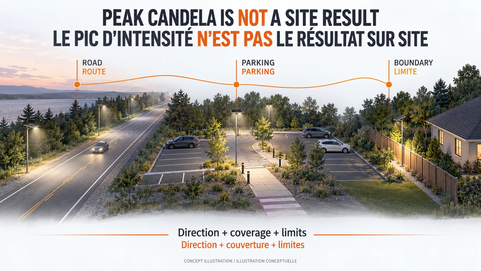 Conceptual road and parking tasks showing why a peak candela number cannot choose an optic