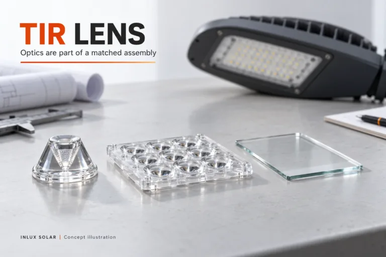 TIR lens, optical array and protective cover shown as separate conceptual samples for outdoor lighting