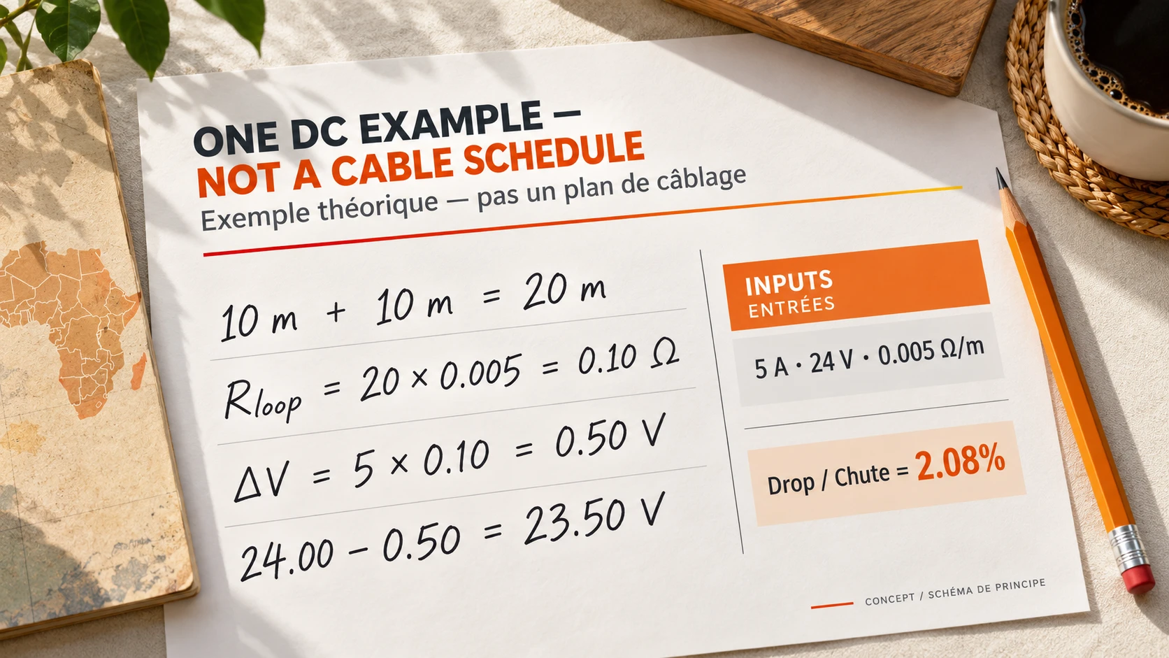 Illustrative DC voltage drop calculation with 5 A current and 0.10 ohm loop resistance