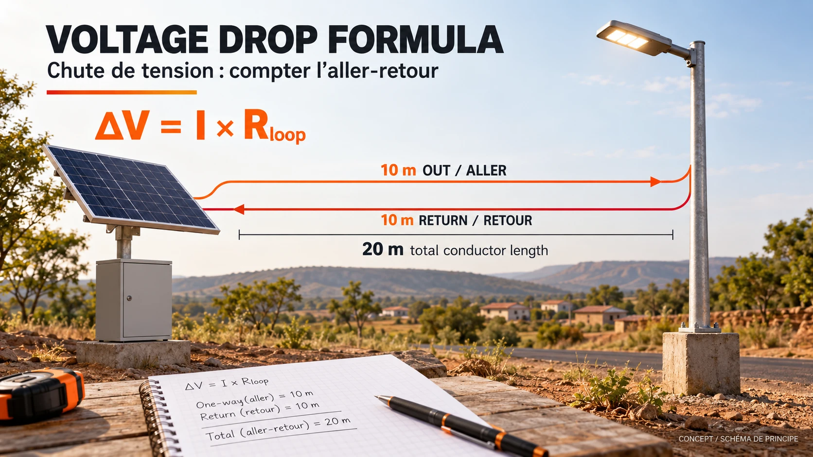 Voltage drop formula for a two-conductor solar lighting supply route