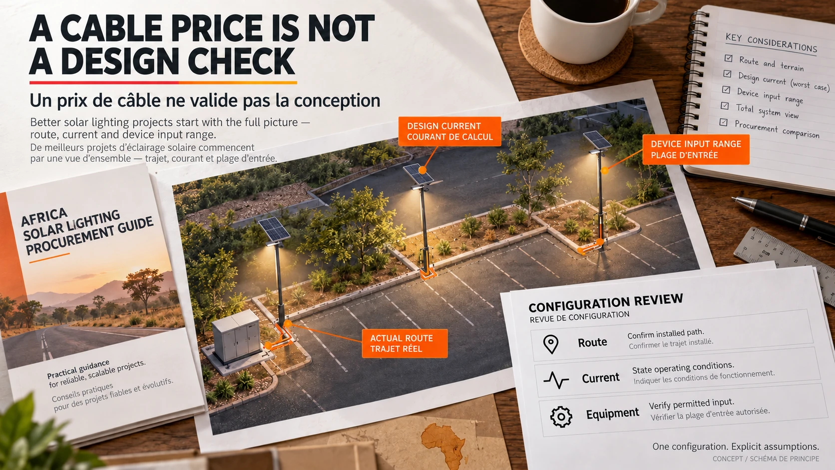 Solar street light RFQ review of actual cable route, operating current and permitted device input