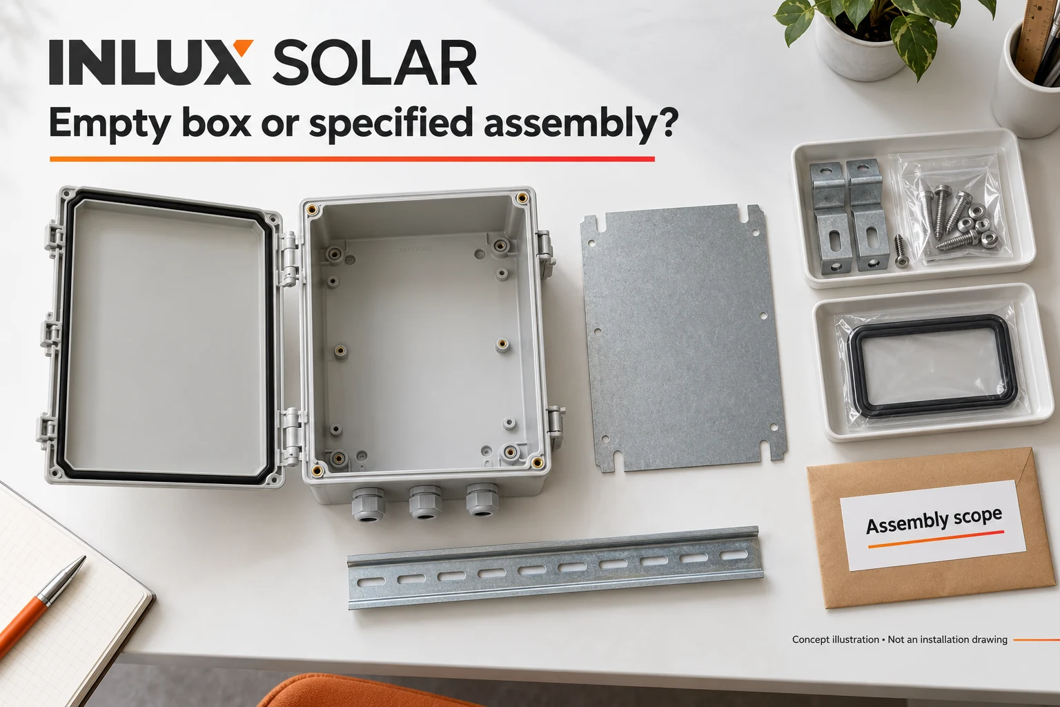 Conceptual electrical enclosure with separate mounting plate, rail and accessories for a supply-scope review