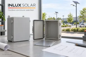 Waterproof electrical box selection with empty enclosure samples and solar parking lights in the background