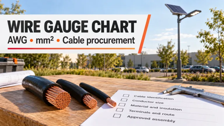 Wire gauge chart review with copper cable samples and a solar street light in the background